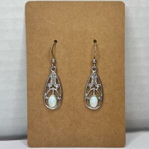 White Opal Lab Created Earrings Fish Hook French Hook Silver Tone Medium Dangle